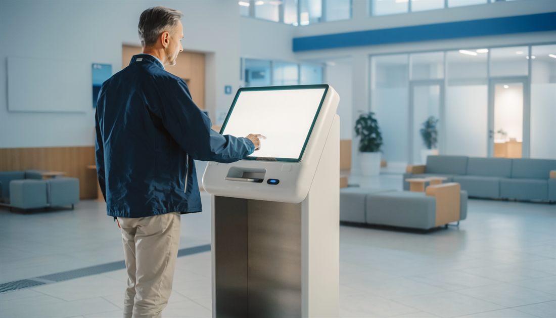 A person using a self-service kiosk in a government office lobby