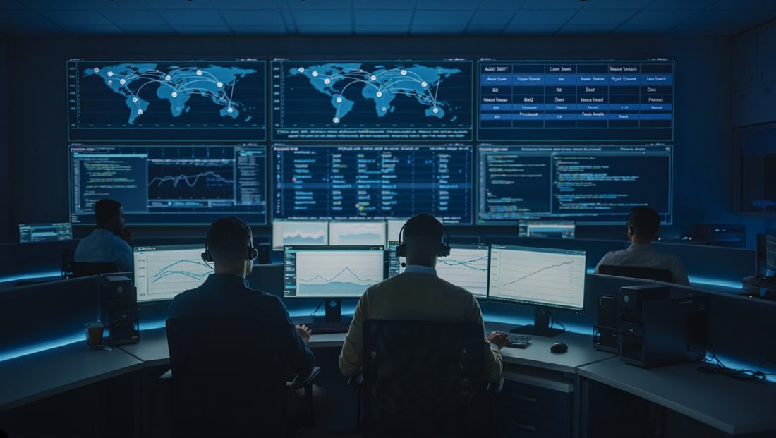 Engineers monitoring a secure cloud operations dashboard