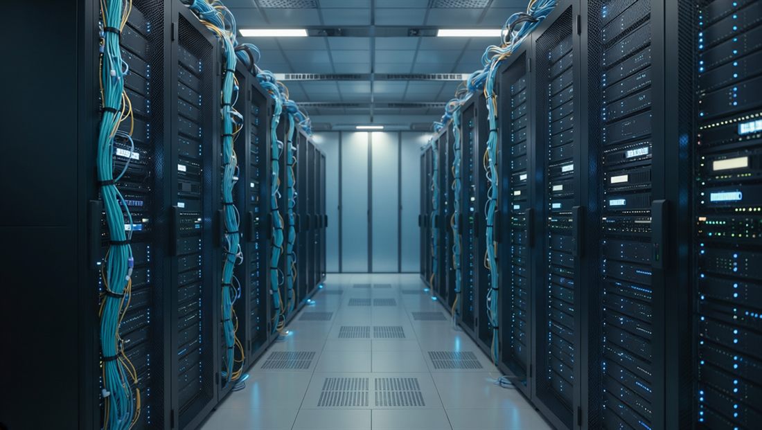 A modern enterprise data center with rows of server racks